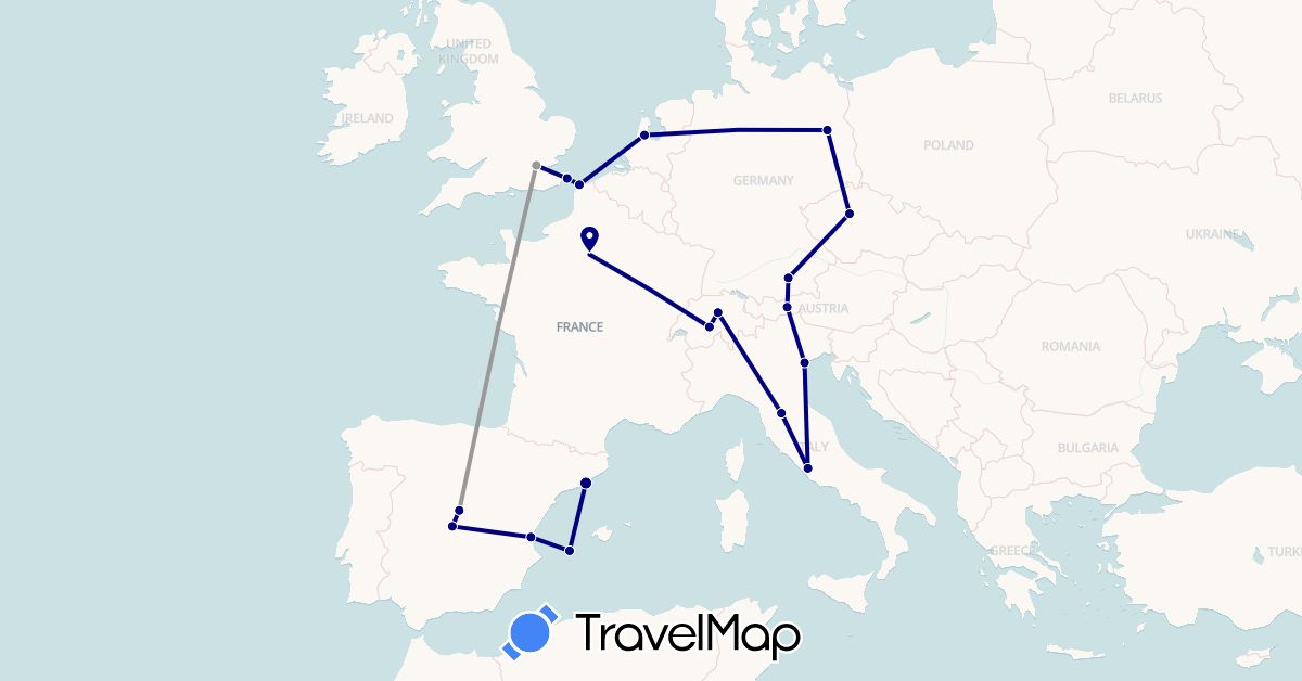 TravelMap itinerary: driving, plane in Austria, Switzerland, Czech Republic, Germany, Spain, France, United Kingdom, Italy, Netherlands (Europe)